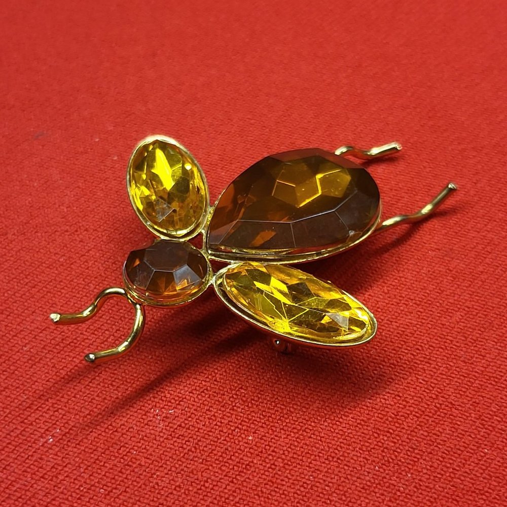 VTG Bee Brooch Lucite Citrine Topaz Orange Golden Yellow Faceted Large Insect Cr - Picture 7 of 12